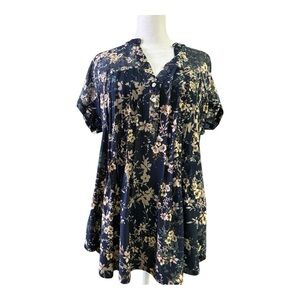 J.T.B. Floral Navy Blouse/Tunic with Pintuck Stitches Medium